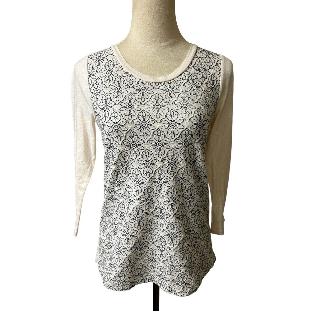 J Crew  Womens Embroidered Ivory Knit Floral Cotton Top A6835 Sz S